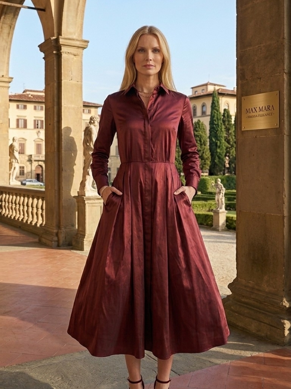 MaxMara Exploit Burgundy Satin Long-Sleeve Dress